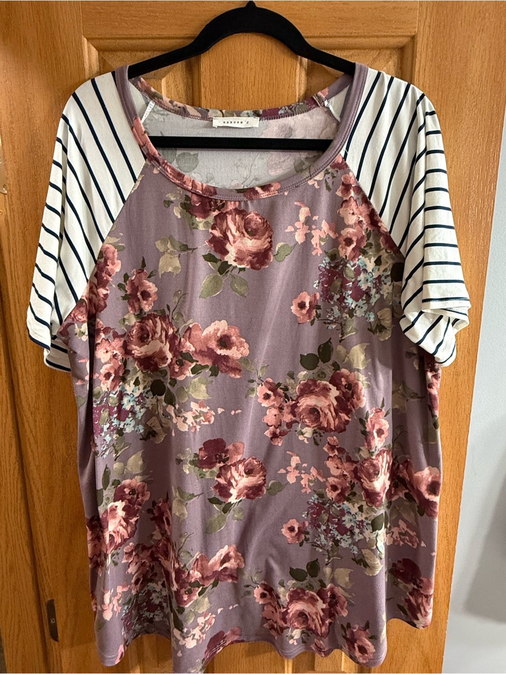 Reborn Mauve Floral Raglan Top with Navy-Striped Sleeves
